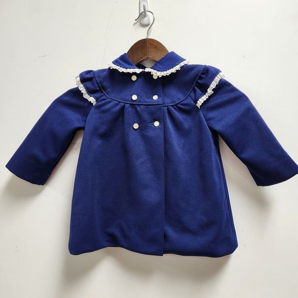 Vintage Toddler Girls Dress Coat Size 2 Navy Double Breasted Ruffles - Picture 1 of 8